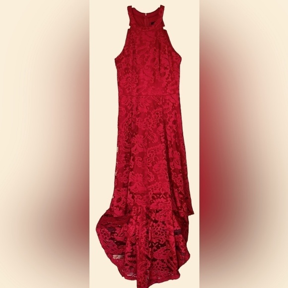 DRESSYSTAR Deep Valentines Red Halter Style Lined High Low Dress, Sz Large, GUC. - Picture 1 of 9